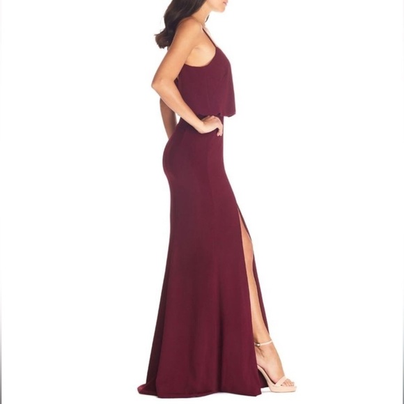 Dress the Population Gracelyn Blouson Jersey Maxi Gown Thigh High Slit Burgundy - Picture 3 of 14